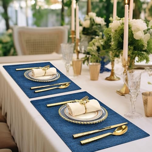 SLKQG Navy Linen Fabric Placemats Set of 6, Heat Resistant & Machine Washable Double-Layered Cloth Placemats for Dining Table, Indoor/Outdoor Use, Non-Slip Kitchen Table Mats (6, Navy)