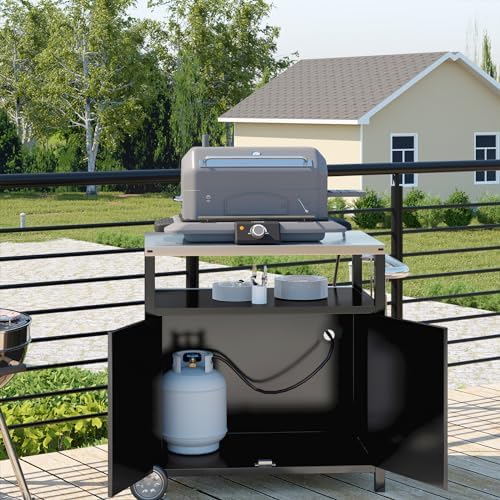 Outdoor Grill Cart with Storage Cabinet Stainless Steel Prep Stand with Storage Cabinet and Wheels Movable Whole Portable Table Outdoor Rolling Prep Station Kitchen Island Pizza Oven Table for Garden