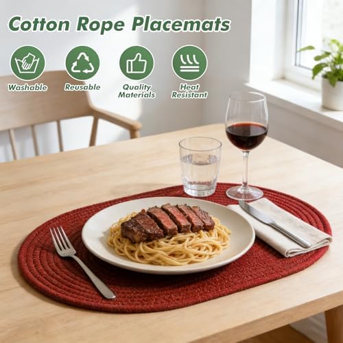 Oval Woven Placemats Set of 8 Heat Resistant Placemats 17 x 12 Inches Farmhouse Cotton Rope Place Mats for Dining Tables Trivets for Hot Dishes, Burgundy