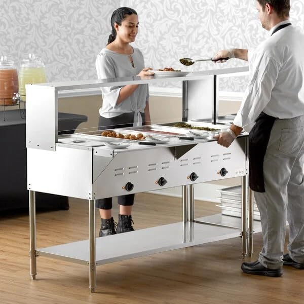 Four Pan Electric Steam Table with Undershelf, Overshelf, Sneeze Guard, Stainless Steel, 208/240V, 3000W, 57x30x34 Inches