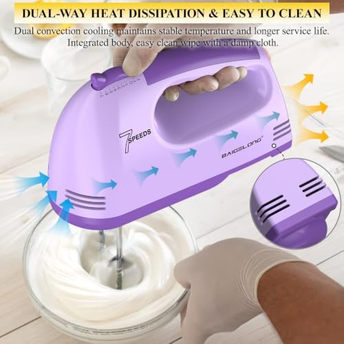 BAIGELONG Hand Mixer. 7-Speed Adjustable Kitchen Electric Mixer. With 5 Stainless Steel Attachments: 2 Hooks, 2 Beaters, 1 Whisk. Comes 1 Storage Box. Perfect for Bakers and New Starters. Purple