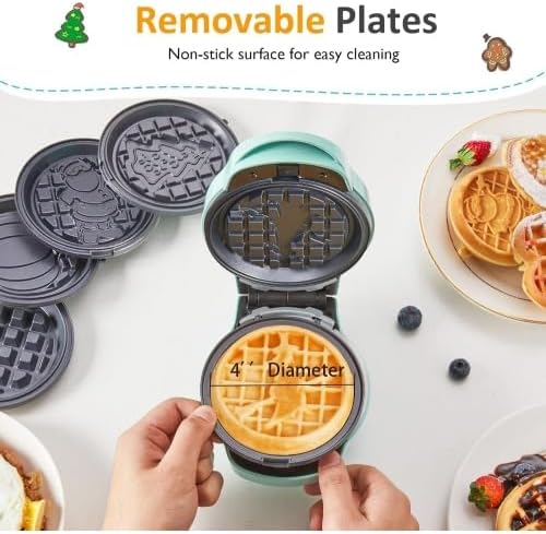 6in1 Mini Waffle Maker, Waffle Iron with 6 Removable Plates, Green