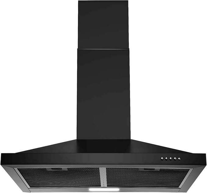 SNDOAS 24 inch Range Hood Black,Stainless Steel Chimney-Style Kitchen Hood, Ductless Stove Hood Vent with Energy Saving LED Light,Wall Mount Vent Hood, Push Button 3-Speed Exhaust Fan