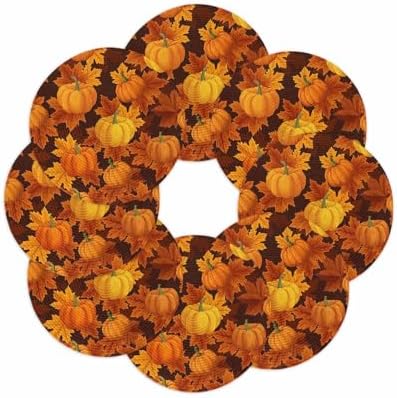Fall Round Placemats Set of 8 Thanksgiving Orange Harvest Pumpkin Place Mats Washable Woven Placemat Autumn Maple Leaf Circle Braided Table Mat for Kitchen Dining Holiday Party Fall Decor 15 Inch