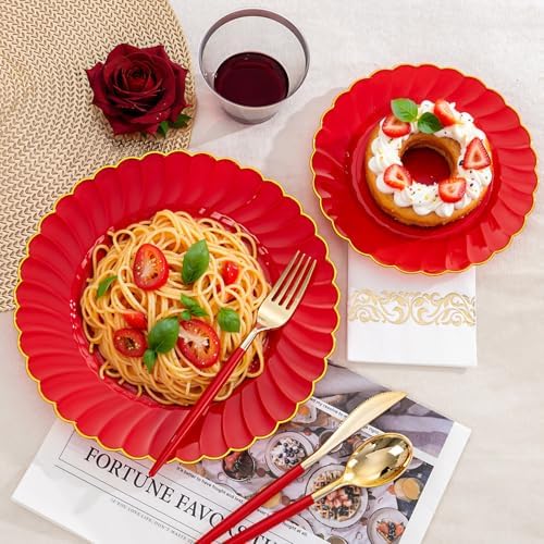 Ciaell 175 Piece Red and Gold Plastic Plates for Weddings Parties