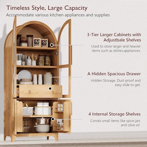 Merax 71" Farmhouse Arched Pantry Cabinet with Glass Doors & Hidden Drawer, Adjustable Shelves Storage Cupboard for Kitchen/Dining Room, Natural