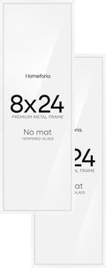 Homeforia 8x24 Panoramic Frame White, High End Metal 8 x 24 Picture Frames without Mat, 24x8 Hanging White Poster Frames for Wall, 8 by 24 inches Display Photo Frames, Tempered Glass, Wall Kit, Set of 2