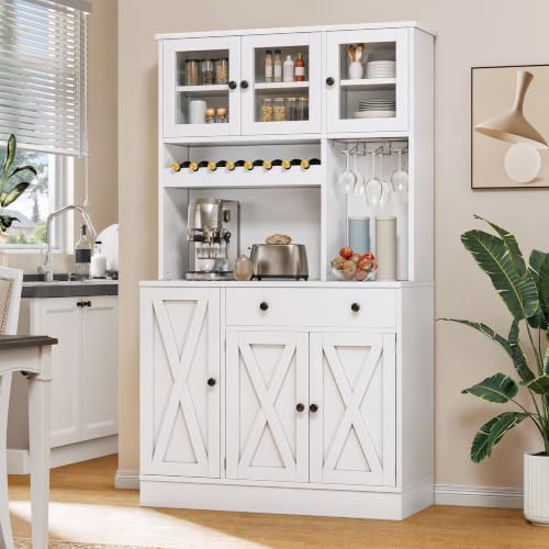 YITAHOME 71" Kitchen Pantry Cabinet with Wine Rack & Power Outlet, White