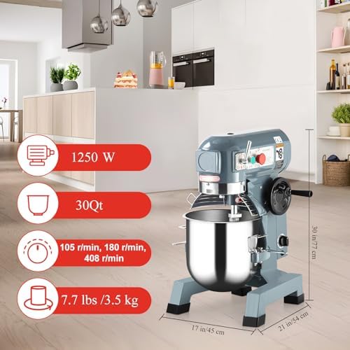 Takywep 30QT Commercial Food Mixer with Timing Function, Heavy Duty Commercial Mixer 1250W, Stainless Steel Bowl Commercial Electric Food Mixer with 3 Speeds Adjustable, Perfect for Bakery Pizzeria