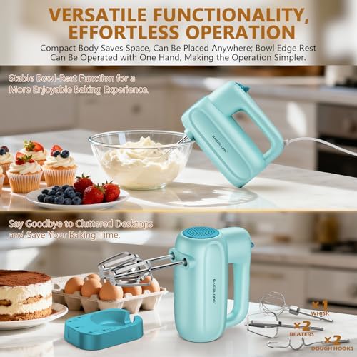 BAIGELONG Hand Electric Mixer, 5-Speed KitchenMixer with 5 * 304 Stainless Steel Attachments + Storage Base, Food Handheld Mixer for Baking, Whipping Cream, Cake Mixing, Blue