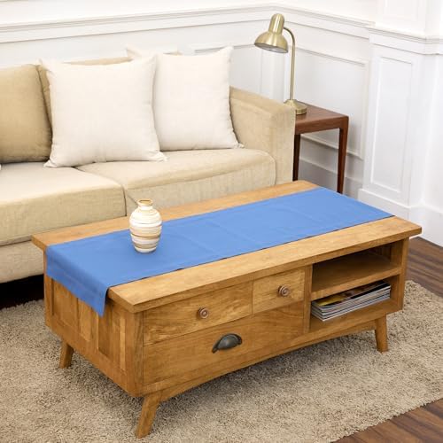 Solino Home Cotton Linen Table Runner Blue, Hemstitch Collection 14 x 48 in