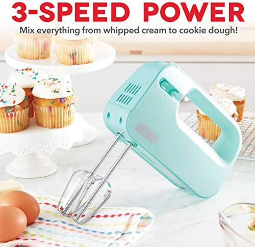 Dash SmartStore Hand Mixer - Electric Handheld Mixer For Everyday Baking - 3-Speed Power and One-Touch Beater Ejector Button - Aqua, Includes Whisk and Milkshake Attachments