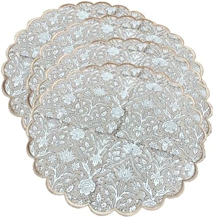 Ridhi Floral Block Print Round Placemats 15 Inch, Set of 4, Taupe