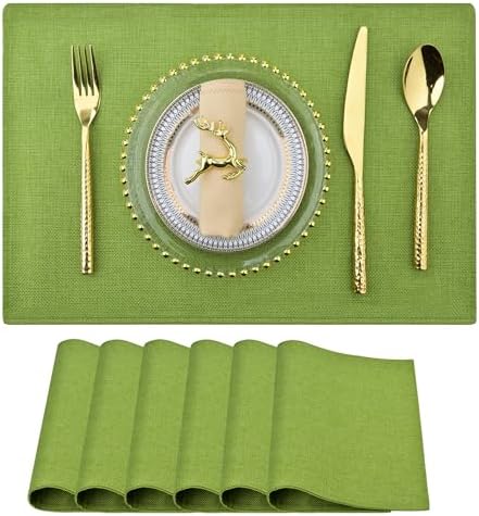 SLKQG Green Faux Linen Placemats Set of 6, Heat Resistant Washable Double Layer Cloth Place Mats for Dining Table, Wrinkle Resistant Linen Textured Farmhouse Kitchen Decor (6, Green)