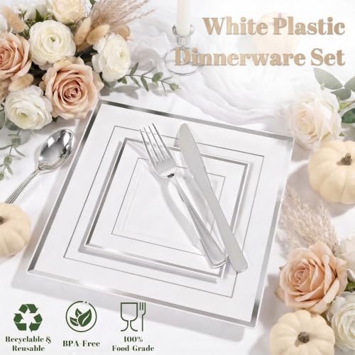 Festiva 350Pcs Silver Plates - Silver Square Plastic Plates 9 .5" and 6" - serve for 50 guests include 50 Cups 50Plastic Cutlery 50Hand Napkins Perfect for Party&Wedding&Birthday