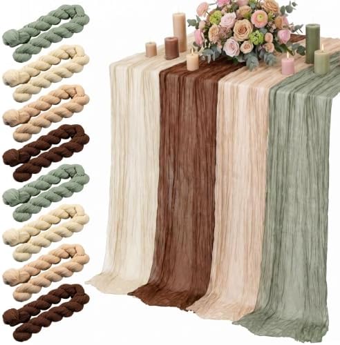 8 Pcs Sage Green and Brown Cheesecloth Table Runner 118"