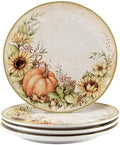 Autumn Breeze Set of 4 Earthenware Dinner Plates – Bring rustic fall charm to your table with pumpkins, sunflowers, and leaves in warm seasonal colors that elevate every meal 11"