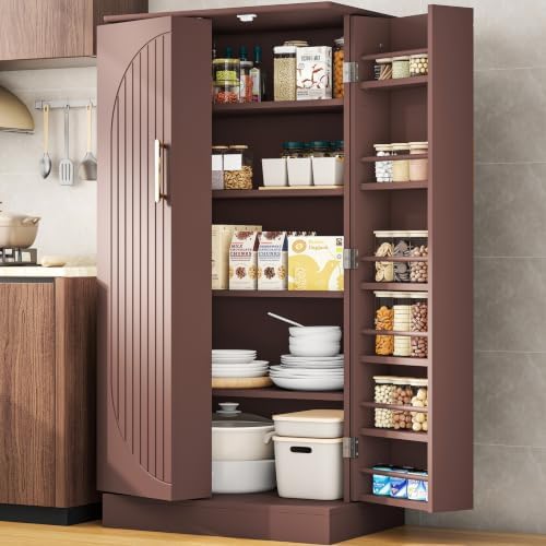 kepptory 47" Kitchen Pantry Cabinet with Doors and Adjustable Shelves, Freestanding Pantry Storage Cabinet, Farmhouse Buffet Cupboard for Kitchen, Dining Room, Living Room, Brown
