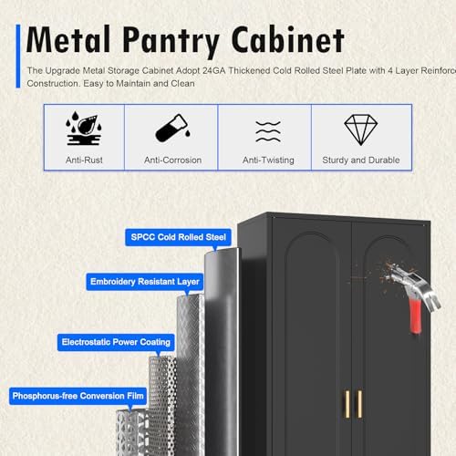 Polup 60" Black Metal Kitchen Pantry Storage Cabinet with Doors and Shelves