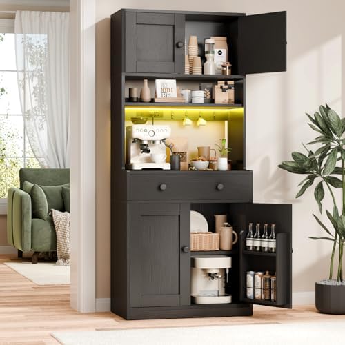 71" Tall Kitchen Pantry Cabinet with Microwave Countertop, LED Lights Black