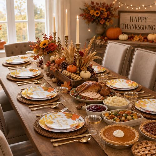 KIRE 150PCS Thanksgiving Plates Dinnerware Pumpkins - Plastic Thanksgiving Plates Include 25 for Dinner 25 for Salad 25Forks 25Knives 25Spoons 25Gold Cups for Fall/Friendgiving Party