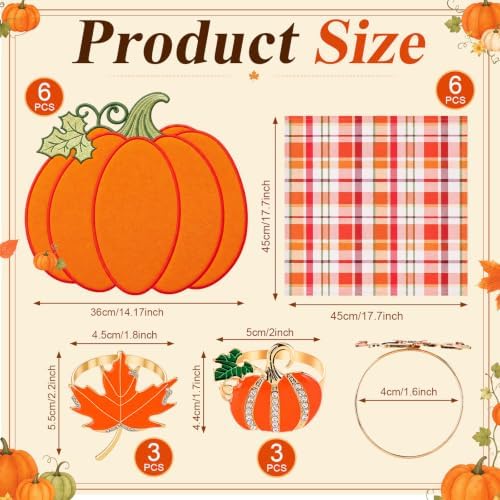 Havawish 18 Pcs 15'' Fall Placemats Pumpkin Napkins Rings Cloth Napkins
