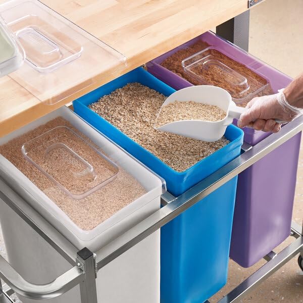 Mobile Triple Ingredient Storage Bin, 30 Gallon Capacity, White/Blue/Purple, with Cart and Clear Lids, Rectangle Shape, Polyethylene Construction