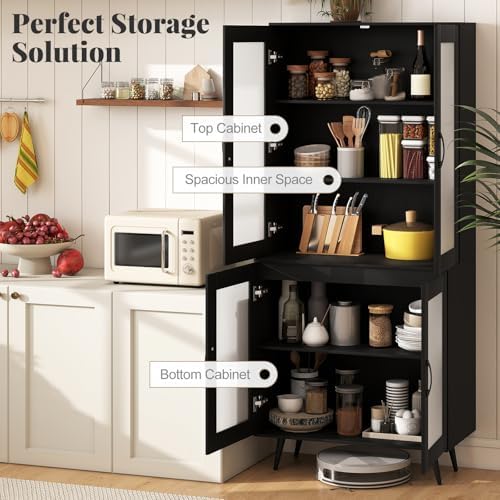 GIANTEX Kitchen Pantry Storage Cabinet, 70.5" Cupboard with 4 Transparent Doors, Adjustable Shelf & Metal Legs, Freestanding Tall Hutch Cabinet for Dining Room, Living Room, Office & Bathroom, Black