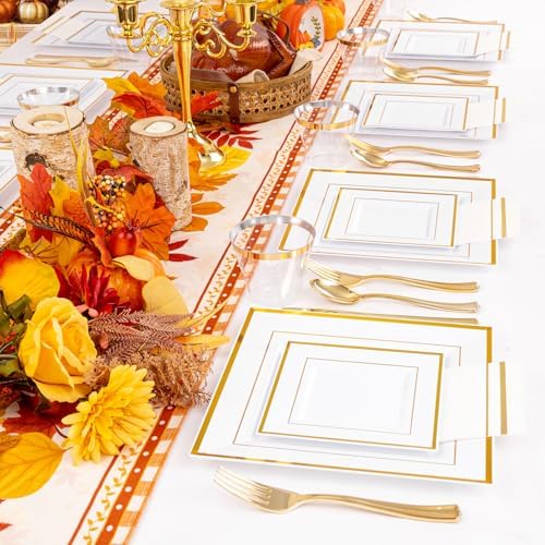 Festiva 350Pcs Gold Plastic Plates - Disposable Square Gold Plates Dinnerware set include 9.5"/6" Plates,Cups,Plastic Cutlery,Hand Napkins Perfect for 50 guests Party&Birthday&Wedding