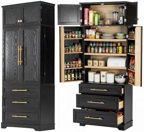Merax 78.2" Tall Farmhouse Kitchen Pantry Cabinet with 8 Door Shelves, Storage Cabinet with 3 Adjustable Shelves, 3 Large Drawers, Versatile Cupboard for Kitchen, Dining & Bathroom, Ash Black