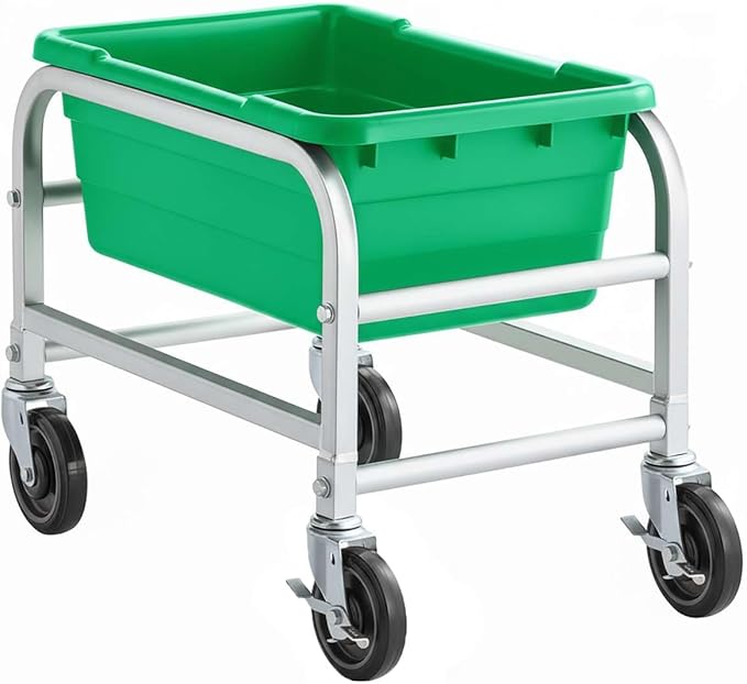 16"x26"x19" Mobile Aluminum Lug Rack with Green Meat Lug Tote Box - NSF Heavy-Duty 1 Lug Capacity Food Storage Cart with 5" Swivel Casters, Freezer Safe, Commercial Cart for Seafood, Ingredients