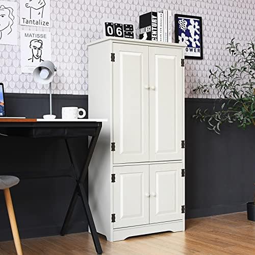 GIANTEX Kitchen Pantry Storage Cabinet, Wood Cupboard Organizer, Adjustable Shelf & Anti-Tilt Design Floor Cabinet for Living Room Bathroom (Cream White)