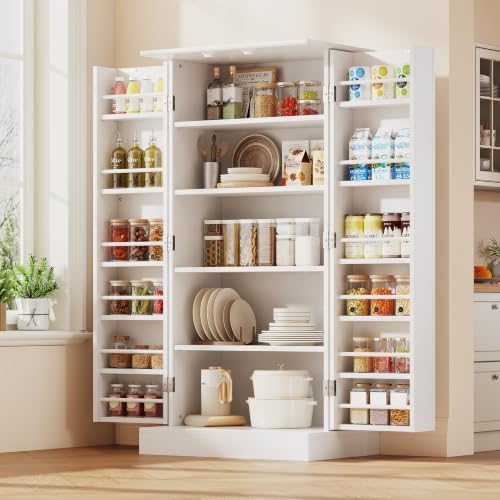 kepptory 47" Kitchen Pantry Cabinet, Freestanding Tall Storage Cabinet with Doors and Adjustable Shelves, Large Food Storage Organizer for Kitchen, Dining Room, Living Room, Farmhouse Cupboard, White