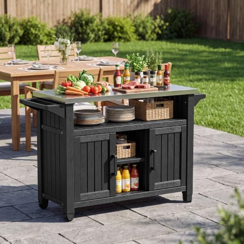 Fancyango Rolling BBQ Prep Cart – Outdoor Grill Table with Wheels-Black