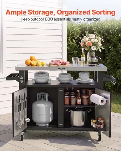 VEVOR Outdoor Grill Cart with Storage Cabinet, 53.1 Inch Grill Table, Waterproof Kitchen Island with Stainless Steel Top, Shelf, and Wheels, Movable Food Prep Station for Patio Bar Backyard BBQ