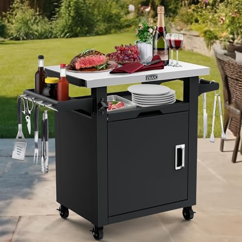 NUUK Grill Table with Storage Cabinet, Outdoor Grill Cart Pizza Oven Table with Wheels, Stainless Steel Top Kitchen Island 20"x30" Rolling Prep Station Outdoor Bar Cart for BBQ, Deck, Backyard