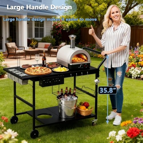 47" Outdoor Pizza Oven Table with Wheels, Grill Cart Table for Outside with Propane Tank Holder, Heavy Duty Pizza Oven Stand Prep Table for BBQ Patio Backyard Cooking