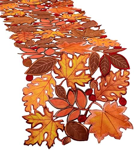 Simhomsen Embroidered Fall Leaves Table Runner for Thanksgiving, Autumn Harvest Decorations (14 × 131 inches)