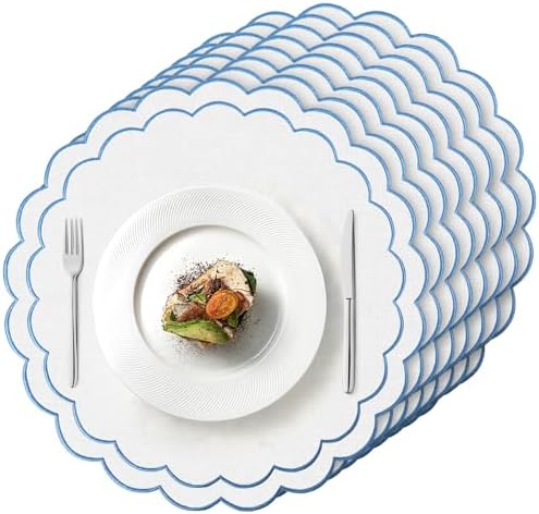 Set of 8 Cotton Linen Placemats, 15x15 Scalloped Flower Embroidery Cloth Table Mats Double Layered Fabric Machine Washable Wrinkle Free Dining Placemat for Restaurant Kitchen Decor, White with Blue