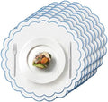 Set of 8 Cotton Linen Placemats, 15x15 Scalloped Flower Embroidery Cloth Table Mats Double Layered Fabric Machine Washable Wrinkle Free Dining Placemat for Restaurant Kitchen Decor, White with Blue
