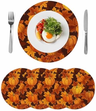 Fall Round Placemats Set of 4 Thanksgiving Orange Harvest Pumpkin Place Mats Washable Woven Placemat Autumn Maple Leaf Circle Braided Table Mat for Kitchen Dining Holiday Party Fall Decor 15 Inch