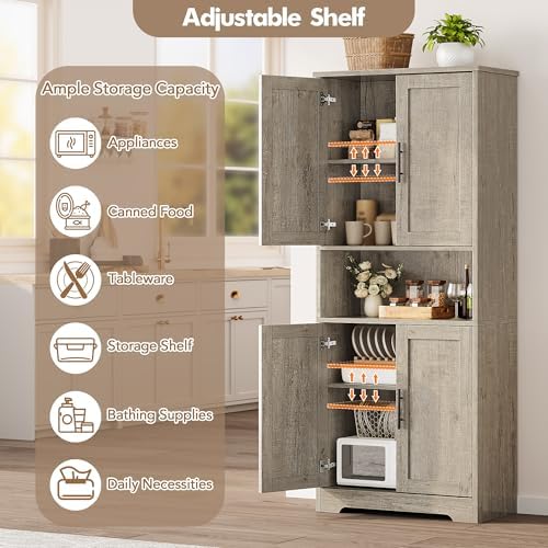 Takywep Modern Tall Freestanding Pantry Cabinet 70", Storage Cupboard with 4 Doors, Adjustable Shelves & Open Shelf, Multipurpose Home Organizer for Living Room, Kitchen, Dining Room, Gray
