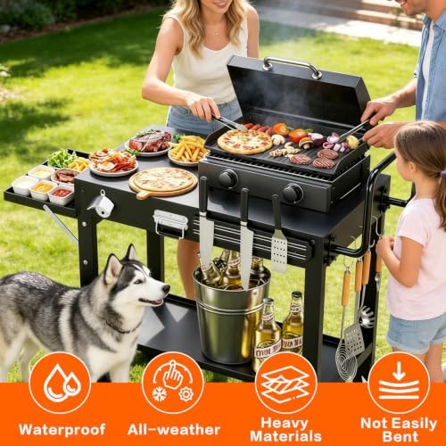 COZEER Portable Grill Table for Blackstone Griddle, Grill Cart with Caddy