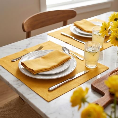 Solino Home 100% Linen Napkins Mustard Yellow, Fete 20 x 20 in, Set of 4