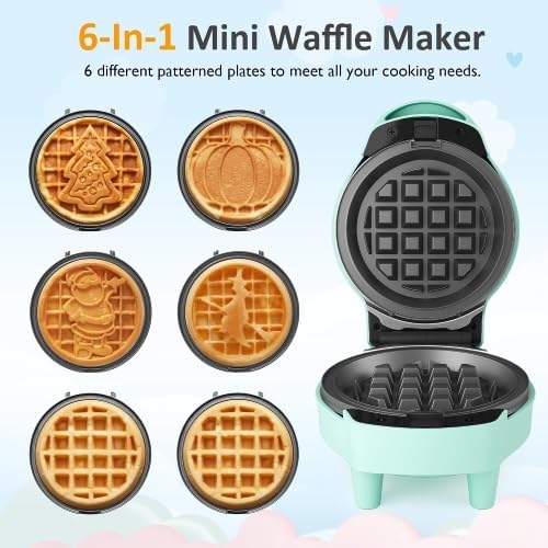 6in1 Mini Waffle Maker, Waffle Iron with 6 Removable Plates, Green