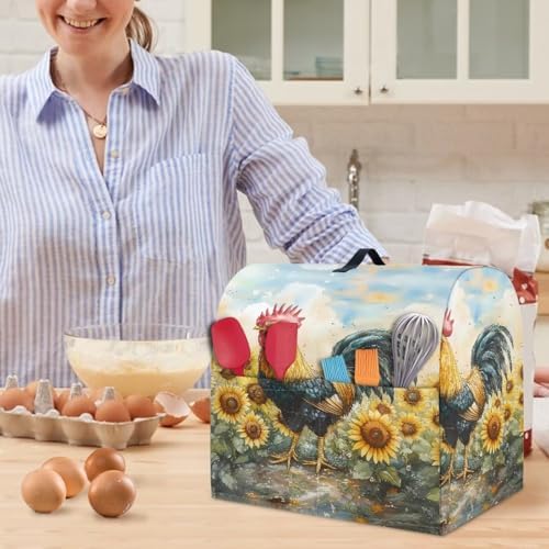 Rooster Sunflower Mixer Cover Kitchen Aid Stand Mixer Dust Proof Covers with Handle and Front Pockets Kitchen Aid Mixer Cover for 4.5-5 Qt Mixer,Coffee Maker Toaster Machine Dust Cover