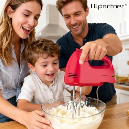 LILPARTNER Hand Mixer Electric, Ultra Power Kitchen Hand Mixer With 7-Speed & 5 Stainless Steel Accessories for Whipping Dough, Cream, Cake, Dishwasher Safe, Light Red