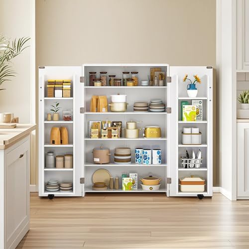 VECELO 35.5" Small Pantry Cabinet with Doors and Adjustable Shelves, Freestanding Food Storage Cupboard Sideboard with Sturdy Construction, for Kitchen Dining Room Living Room, White