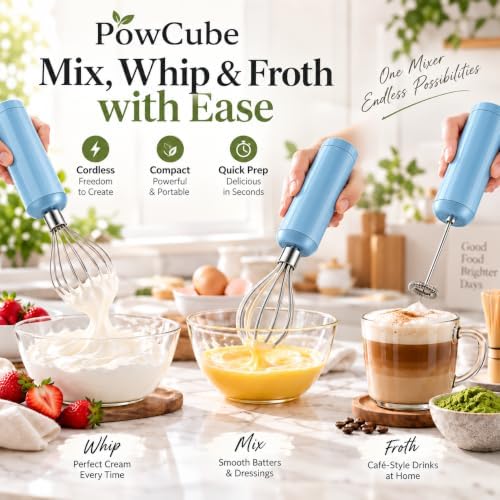 Cordless Hand Mixer, 4-in-1 Handheld Electric Mixer with Electric Whisk Frother & 10 oz Mini Food Chopper, USB-C Rechargeable 4-Speed Hand Mixer for Eggs, Cream, Coffee & Small-Batch Prep