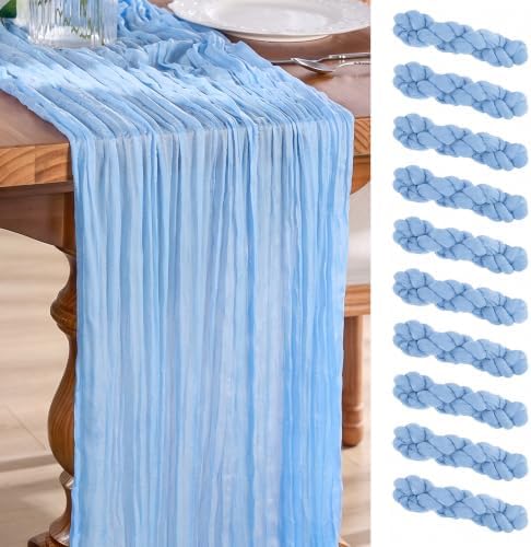 Goodluck 10 Pack 10Ft Baby Blue Cheesecloth Table Runner 35x120 Inch Boho Gauze Table Runner Cheese Cloth Extra Long Romantic Table Runners for Wedding Bridal Shower Birthday Party Table Decor